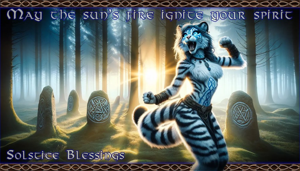 An anthropomorphic tiger with blue stripes, wearing jewelry and traditional attire, dances in a mystical forest at sunrise. Large stones engraved with Celtic symbols are visible in the background. The scene exudes a magical and spiritual atmosphere. The text "May the sun's fire ignite your spirit" is at the top, and "Solstice Blessings" is at the bottom of the image.