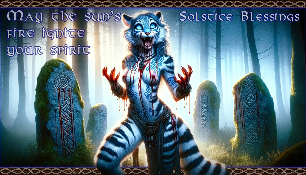 An anthropomorphic tiger with blue stripes, wearing jewelry and traditional attire, dances in a mystical forest at sunrise. Large stones engraved with Celtic symbols are visible in the background. The scene exudes a magical and spiritual atmosphere. The text "May the sun's fire ignite your spirit" is at the top, and "Solstice Blessings" is at the bottom of the image.