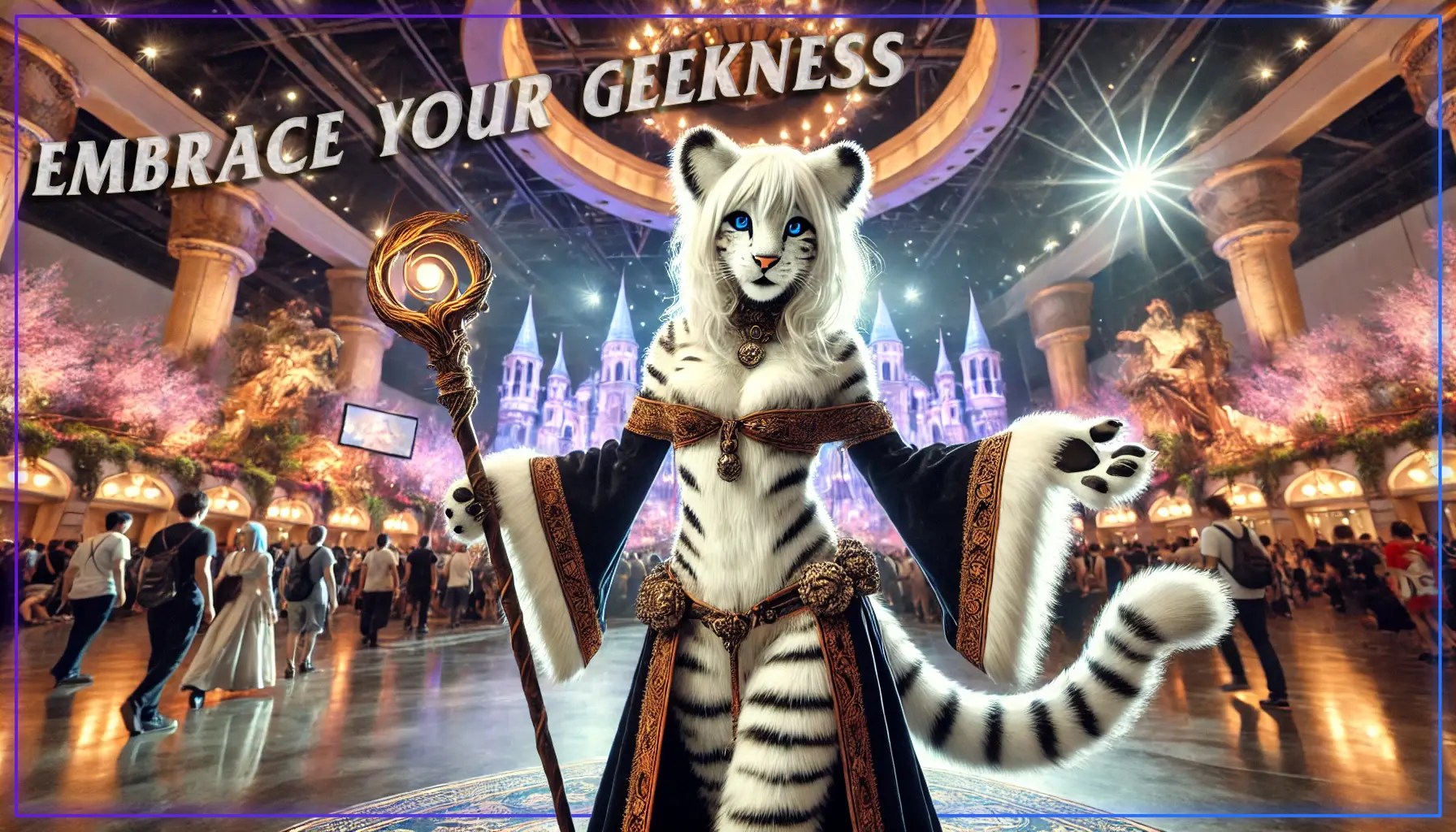 a humanoid white tiger character in various geek-related activities. the tiger in a fantasy setting, dressed in a wizard's robe and holding a magical staff, with a castle and festival background.
