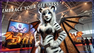 anthropomorphic tiger-like characters engaging in various geeky activities. in a cosplay costume with dragon wings stands at a convention or expo.