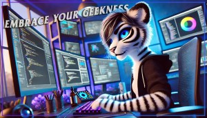 anthropomorphic tiger-like characters engaging in various geeky activities. a tiger-like character sits in front of multiple monitors, engaged in programming.