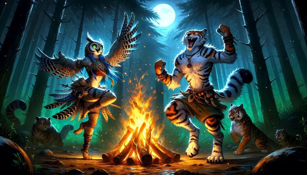 In einem nächtlichen Wald, unter einem strahlenden Vollmond, tanzen eine mystische Eulenkriegerin und ein imposanter Tigerkrieger um ein loderndes Lagerfeuer. Begleitet von weiteren Tigerwesen im Hintergrund, vermitteln sie ein Gefühl von Einheit und urzeitlicher Magie.