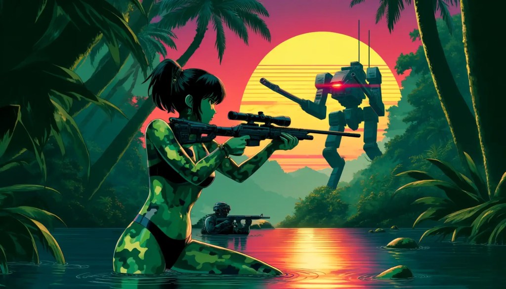 Eine Kriegerin in Tarnkleidung, kniet im flachen Wasser eines Dschungelgewässers und zielt mit einem Scharfschützengewehr auf einen riesigen Kampfroboter, der im Licht eines leuchtend gelben Sonnenuntergangs aufragt. Die Szene ist angespannt und voller futuristischer Atmosphäre.