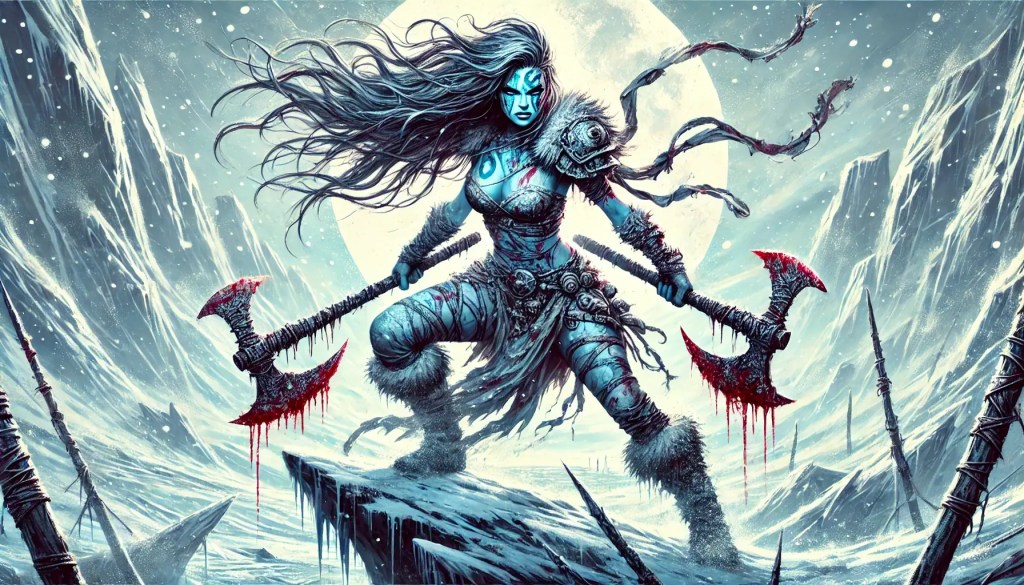 Eine wilde, blauhäutige Kriegerin steht auf einem vereisten Berggipfel. Ihr langes Haar weht im Wind, und sie hält blutige Doppelläxte in den Händen. Der Vollmond scheint durch den eisigen Nebel, was der Szene eine düstere, epische Aura verleiht.