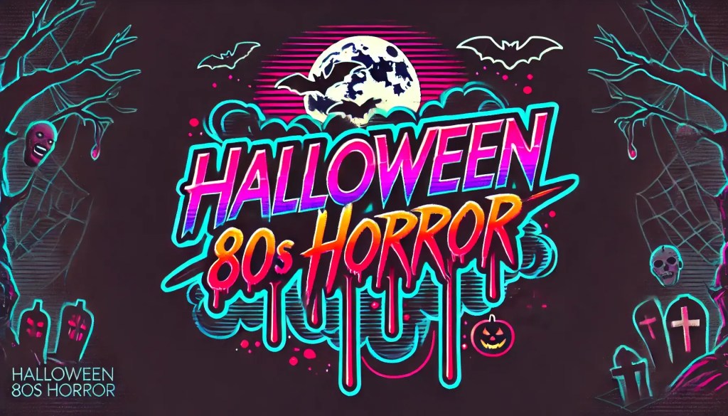 Ein farbenfrohes Retro-Logo im Stil der 1980er Jahre zeigt den Schriftzug „Halloween 80s Horror“ vor einem neonfarbenen Hintergrund mit Fledermäusen, Spinnennetzen und gruseligen Gesichtern. Ein lebendiges und nostalgisches Design.