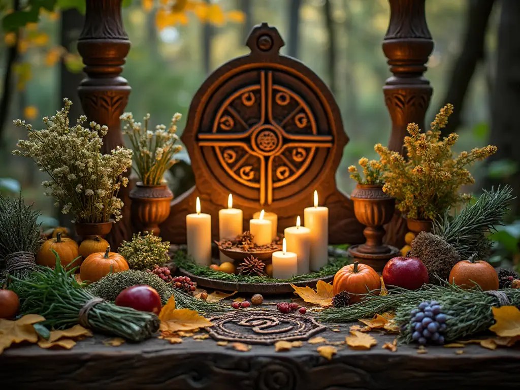 Ein kunstvoll arrangierter Altar steht inmitten eines Waldes und ist mit Kerzen, Herbstfrüchten, Trockenblumen und natürlichen Dekorationen geschmückt. Die warmen Lichter der Kerzen strahlen eine spirituelle und friedvolle Stimmung aus.

