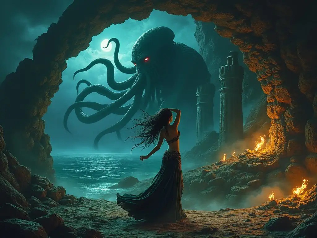 Eine Frau steht an einem felsigen Strand in einer düsteren Höhle und blickt ehrfürchtig auf eine riesige Tentakel-Kreatur, die aus den Schatten emporragt. Rote, leuchtende Augen starren sie an, während das Meer unheilvoll gegen die Höhlenwände brandet.