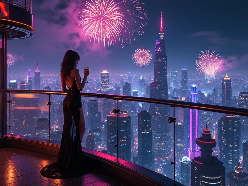 Eine elegante Frau in einem schwarzen Abendkleid steht auf einem luxuriösen Balkon und hält ein Glas Champagner. Vor ihr erstreckt sich eine leuchtende Skyline, durchzogen von spektakulären Feuerwerken, die den Nachthimmel in kräftigen Pink- und Violetttönen erhellen.