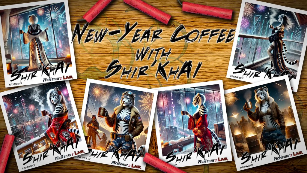 A vibrant collage features anthropomorphic tiger characters celebrating New Year's Eve with coffee against festive backdrops. Each polaroid-style frame showcases a tiger character in stylish outfits, including kimonos and aviator jackets, with cityscapes, fireworks, and warm beverages in hand. The centerpiece displays bold text reading "New-Year Coffee with Shir Khai" on a wooden surface decorated with red firecrackers.
