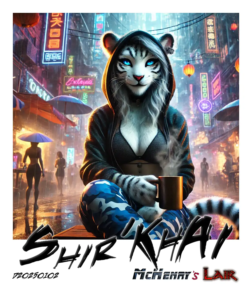A digitally illustrated anthropomorphic white tiger with glowing blue eyes sits in a neon-lit rainy urban alley. The tiger wears a hooded black jacket, a black crop top, and blue camouflage pants while holding a steaming cup of coffee. Neon signs, lanterns, and silhouettes of people with umbrellas populate the background. The text "Shir'Khai" and "McHenry's Lair" are displayed at the bottom of the image. Keywords: anthropomorphic tiger, white tiger, glowing blue eyes, neon city, rainy alley, hooded jacket, cyberpunk aesthetic, steaming cup, urban environment, futuristic city, digital illustration, Shir’Khai, McHenry's Lair.