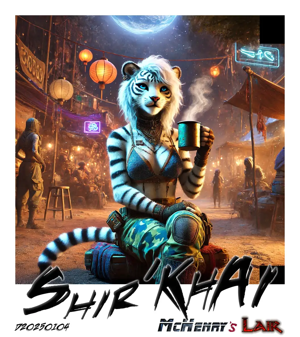 Alternative Text: A humanoid white tiger with long white hair, black stripes, and blue eyes sits in a bustling night market holding a steaming mug. The character is dressed in a tactical outfit with a cropped top and cargo pants. Lanterns and neon lights illuminate the lively market scene under a large moonlit sky. Keywords: humanoid tiger, white tiger woman, night market, lanterns, neon lights, tactical outfit, steaming mug, fantasy character, Shir'Khai, McHenry's Lair.