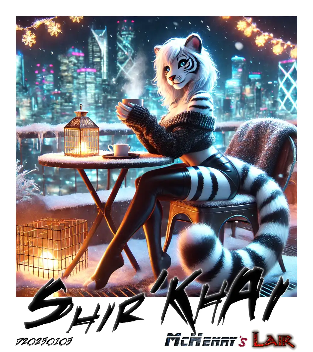 An anthropomorphic white tiger character with long white hair, black stripes, and a fluffy tail sits at an outdoor café table on a snowy balcony overlooking a futuristic cityscape at night. The character is wearing a cozy sweater and leather pants, holding a steaming cup. Warm lantern light and festive string lights illuminate the scene. The word "SHIR'KHAI" is displayed at the bottom. Keywords: anthropomorphic tiger, humanoid tiger character, snowy balcony, futuristic city at night,