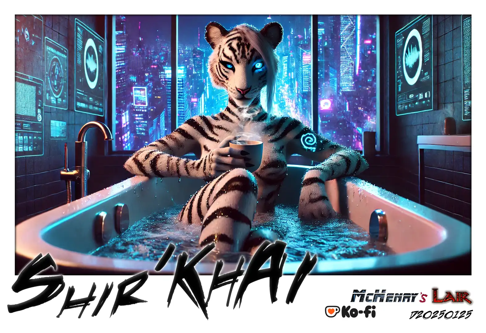A white tiger humanoid character with glowing blue eyes and black stripes relaxes in a futuristic bathtub filled with water. The character holds a steaming cup, surrounded by a high-tech room with glowing panels and a cityscape visible through the window. Keywords: tiger humanoid, futuristic bathtub, cityscape, glowing panels, steaming cup, cyberpunk aesthetic, relaxing scene, anthropomorphic character, blue eyes, high-tech environment.