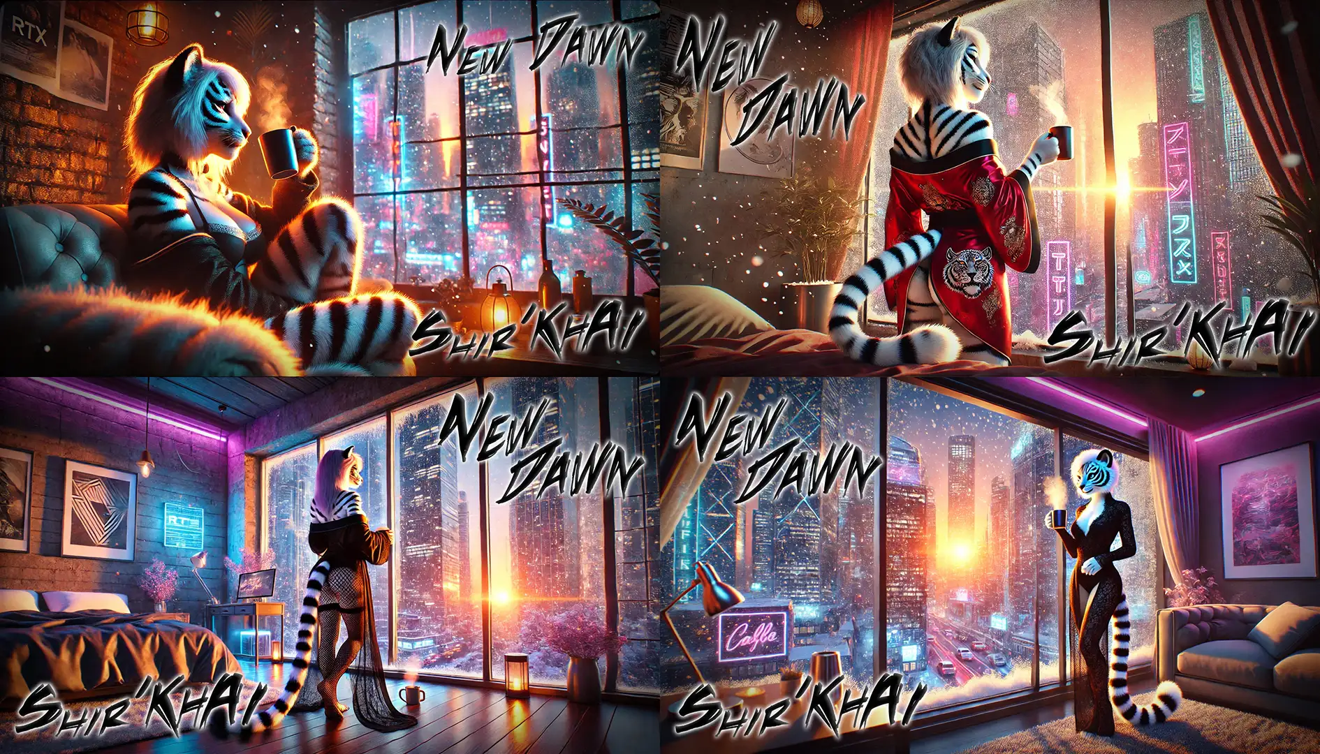 A collage of four scenes features an anthropomorphic white tiger character with black stripes in various cozy, futuristic settings, each overlooking a neon-lit cityscape. The character is seen holding a cup, wearing elegant attire, and surrounded by warm lighting, snowflakes, and urban ambiance. The words "New Dawn" and "Shir'Khai" are displayed in bold text across all panels. Keywords: humanoid tiger, anthropomorphic character, futuristic cityscape, neon lights, snow, cozy ambiance, collage, warm lighting, cyberpunk, Shir'Khai, New Dawn