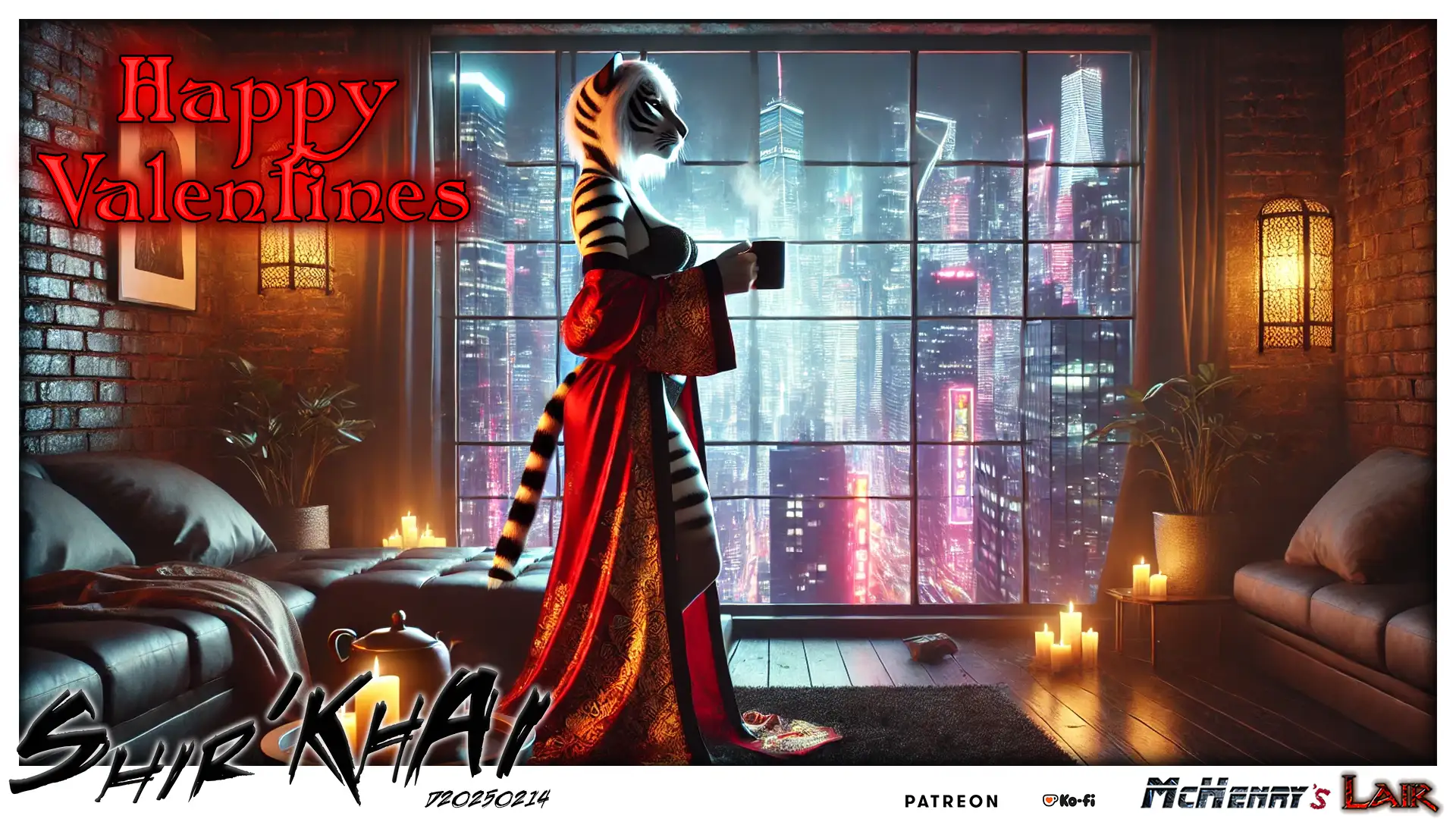 A digitally rendered image of an anthropomorphic white tiger woman with black stripes, wearing black lingerie and a sheer red robe, standing in a dimly lit, modern bedroom. The room features a large bed with dark bedding, candles on tables, and a panoramic window revealing a futuristic cityscape with rain-splattered glass and neon lights. The words "Happy Valentines" are displayed in bold red lettering in the upper left corner. The artwork has a cyberpunk and romantic ambiance, blending realism with fantasy. Keywords: anthropomorphic, furry art, white tiger, cyberpunk, futuristic city, romantic, Valentine's Day, neon lights, bedroom, candles, rain, digital artwork, fantasy, Shir'Khai, McHenry's Lair