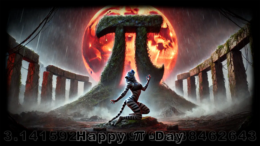 A humanoid feline figure with white fur and blue glowing eyes kneels in an ancient stone circle, gazing up at a massive Pi symbol covered in moss. A fiery red moon glows ominously behind it, casting an eerie light over the rainy, mystical landscape. "Happy Pi Day" text is present at the bottom. Keywords: humanoid feline, white tiger, Pi symbol, red moon, ancient ruins, glowing eyes, mystical, fantasy, rain, dramatic lighting, Happy Pi Day
