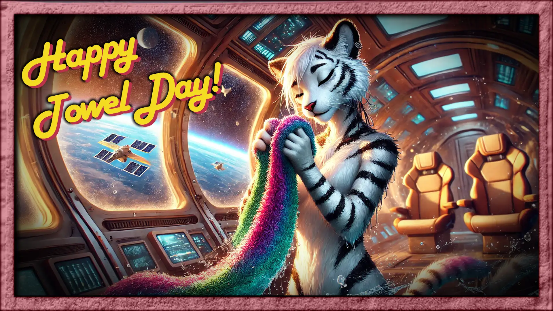 An anthropomorphic white tiger with black stripes stands in a futuristic spaceship, holding a colorful rainbow towel with a serene expression. The spacecraft has large windows showing Earth and a satellite in space. The image includes the festive text “Happy Towel Day!” in bright yellow and pink stylized font. Keywords Towel Day, anthropomorphic tiger, rainbow towel, spaceship interior, space scene, Earth from space, satellite, sci-fi, anthropomorph, celebration, digital art, futuristic, galaxy view, feline character