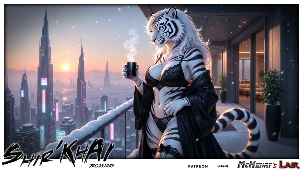 A stylized anthropomorphic white tiger woman with black stripes stands on a snowy balcony overlooking a futuristic cityscape at sunset. She is dressed in black lingerie and a robe, holding a steaming mug, with snow falling around her. Tall skyscrapers with neon lights stretch across the skyline in the background. Keywords anthropomorphic tiger, white tiger, furry art, lingerie, futuristic city, neon lights, snow, balcony, sunset, steam, feminine character, winter, cyberpunk, furry fandom, McHenry's Lair, Shir'Khai