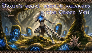 Fantasy cover art showing a white, tiger-like humanoid figure dancing in a glowing enchanted forest, surrounded by mossy standing stones etched with blue runes, flowers, butterflies, and beams of light. Decorative text across the top reads, “Daun’s equal breath awakens the Green Veil.” Keywords fantasy art, enchanted forest, anthropomorphic tiger, white tiger, humanoid feline, dancing figure, glowing runes, standing stones, magical symbols, blue light, woodland, flowers, butterflies, sunbeams, mystical, book cover, title text, decorative border