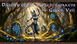 Fantasy cover art showing a white, tiger-like humanoid figure dancing in a glowing enchanted forest, surrounded by mossy standing stones etched with blue runes, flowers, butterflies, and beams of light. Decorative text across the top reads, “Daun’s equal breath awakens the Green Veil.” Keywords fantasy art, enchanted forest, anthropomorphic tiger, white tiger, humanoid feline, dancing figure, glowing runes, standing stones, magical symbols, blue light, woodland, flowers, butterflies, sunbeams, mystical, book cover, title text, decorative border
