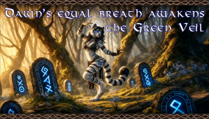 Fantasy cover art showing a white, tiger-like humanoid figure dancing in a glowing enchanted forest, surrounded by mossy standing stones etched with blue runes, flowers, butterflies, and beams of light. Decorative text across the top reads, “Daun’s equal breath awakens the Green Veil.” Keywords fantasy art, enchanted forest, anthropomorphic tiger, white tiger, humanoid feline, dancing figure, glowing runes, standing stones, magical symbols, blue light, woodland, flowers, butterflies, sunbeams, mystical, book cover, title text, decorative border