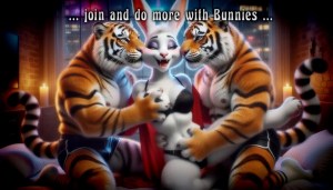 Stylized digital illustration of a smiling white anthropomorphic bunny in black lingerie and a red robe between two anthropomorphic tigers on a bed, with candles, soft city lights, and the text “… join and do more with Bunnies …” at the top. Keywords anthropomorphic bunny, anthropomorphic tigers, black lingerie, red robe, candles, bed, city lights, digital illustration, furry art, text overlay