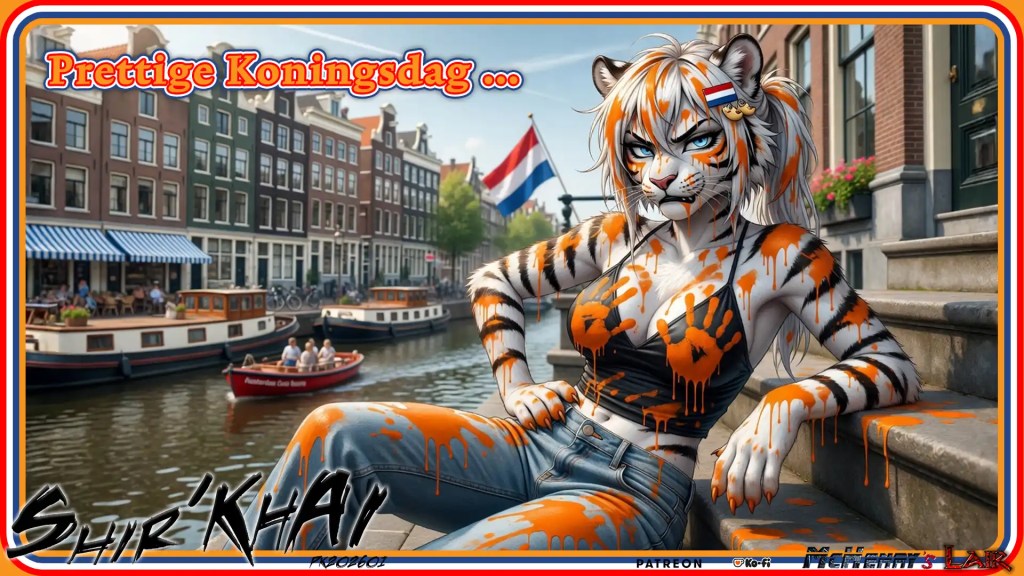 A colorful illustrated scene shows an anthropomorphic white tiger woman covered in orange paint, posing by an Amsterdam-style canal with boats, Dutch flags, and the text “Prettige Koningsdag ...” celebrating King’s Day. Keywords King’s Day, Koningsdag, Dutch celebration, Netherlands, Amsterdam canal, Dutch flag, orange paint, anthropomorphic tiger, white tiger, furry art, canal boats, city street, festive illustration, orange, holiday greeting