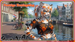 A colorful illustrated scene shows an anthropomorphic white tiger woman covered in orange paint, posing by an Amsterdam-style canal with boats, Dutch flags, and the text “Prettige Koningsdag ...” celebrating King’s Day. Keywords King’s Day, Koningsdag, Dutch celebration, Netherlands, Amsterdam canal, Dutch flag, orange paint, anthropomorphic tiger, white tiger, furry art, canal boats, city street, festive illustration, orange, holiday greeting
