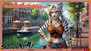 A colorful illustrated scene shows an anthropomorphic white tiger woman covered in orange paint, posing by an Amsterdam-style canal with boats, Dutch flags, and the text “Prettige Koningsdag ...” celebrating King’s Day. Keywords King’s Day, Koningsdag, Dutch celebration, Netherlands, Amsterdam canal, Dutch flag, orange paint, anthropomorphic tiger, white tiger, furry art, canal boats, city street, festive illustration, orange, holiday greeting