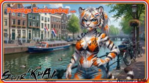 A colorful illustrated scene shows an anthropomorphic white tiger woman covered in orange paint, posing by an Amsterdam-style canal with boats, Dutch flags, and the text “Prettige Koningsdag ...” celebrating King’s Day. Keywords King’s Day, Koningsdag, Dutch celebration, Netherlands, Amsterdam canal, Dutch flag, orange paint, anthropomorphic tiger, white tiger, furry art, canal boats, city street, festive illustration, orange, holiday greeting