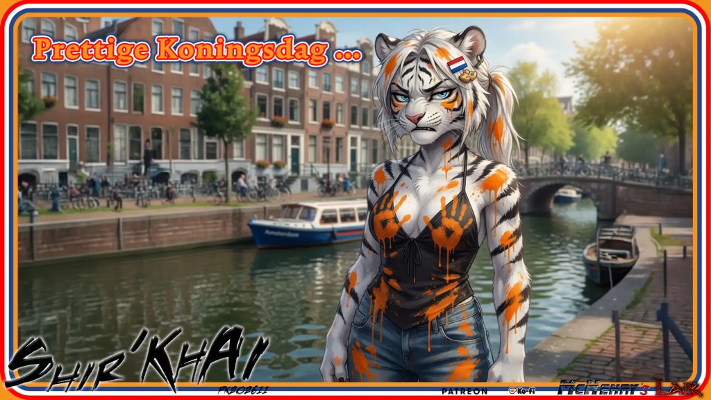 A colorful illustrated scene shows an anthropomorphic white tiger woman covered in orange paint, posing by an Amsterdam-style canal with boats, Dutch flags, and the text “Prettige Koningsdag ...” celebrating King’s Day.

Keywords
King’s Day, Koningsdag, Dutch celebration, Netherlands, Amsterdam canal, Dutch flag, orange paint, anthropomorphic tiger, white tiger, furry art, canal boats, city street, festive illustration, orange, holiday greeting