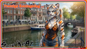 A colorful illustrated scene shows an anthropomorphic white tiger woman covered in orange paint, posing by an Amsterdam-style canal with boats, Dutch flags, and the text “Prettige Koningsdag ...” celebrating King’s Day. Keywords King’s Day, Koningsdag, Dutch celebration, Netherlands, Amsterdam canal, Dutch flag, orange paint, anthropomorphic tiger, white tiger, furry art, canal boats, city street, festive illustration, orange, holiday greeting
