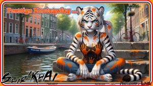 A colorful illustrated scene shows an anthropomorphic white tiger woman covered in orange paint, posing by an Amsterdam-style canal with boats, Dutch flags, and the text “Prettige Koningsdag ...” celebrating King’s Day. Keywords King’s Day, Koningsdag, Dutch celebration, Netherlands, Amsterdam canal, Dutch flag, orange paint, anthropomorphic tiger, white tiger, furry art, canal boats, city street, festive illustration, orange, holiday greeting