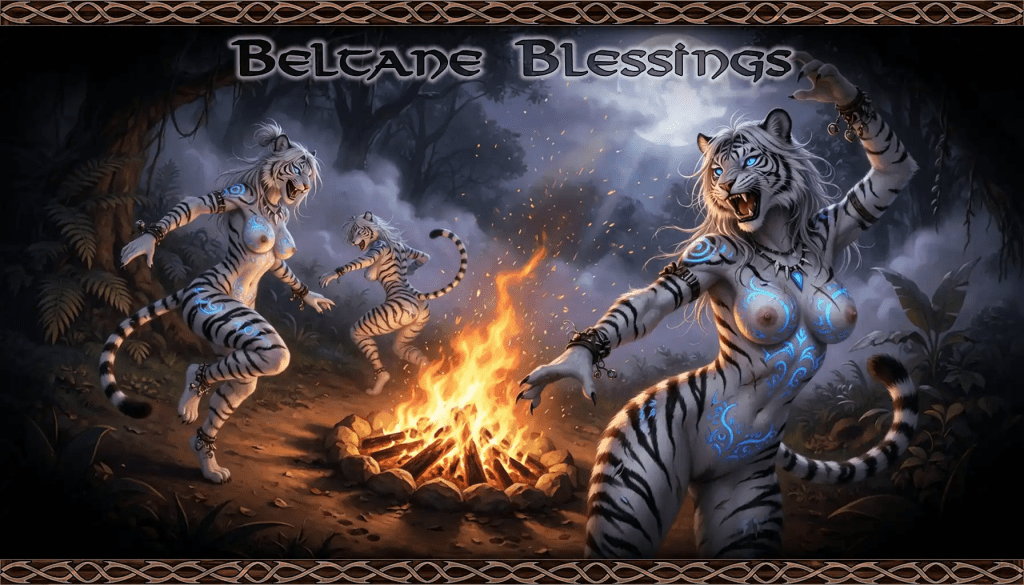 Alternative Text Fantasy illustration with the words “Beltane Blessings” above three anthropomorphic white tiger figures dancing around a bright bonfire in a dark, misty forest, framed by Celtic-style knotwork borders. Keywords Beltane, blessings, fantasy art, anthropomorphic tiger, white tiger, bonfire, forest, moonlight, Celtic border, pagan celebration, ritual dance, magical, blue markings, night scene, fire, jungle, mystical atmosphere