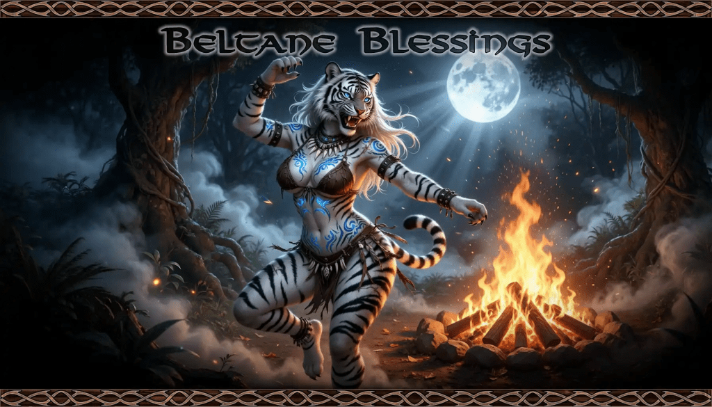Fantasy illustration of an anthropomorphic white tiger woman dancing beside a bonfire in a moonlit forest, framed by Celtic knotwork with the text “Beltane Blessings” at the top. Keywords Beltane, blessings, Celtic, knotwork, fantasy, anthropomorphic tiger, white tiger, tiger woman, bonfire, moonlit forest, full moon, pagan festival, ritual dance, fire, forest, mystical, tribal markings, blue glowing tattoos, fantasy art, celebration