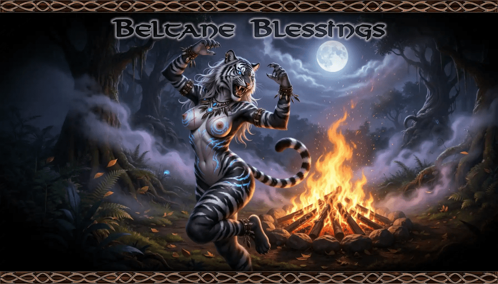 Fantasy illustration of an anthropomorphic white tiger dancer in a moonlit forest, leaping near a bright Beltane bonfire with mist, sparks, trees, and decorative Celtic-style borders. Keywords Beltane, blessings, fantasy art, anthropomorphic tiger, white tiger, bonfire, moonlit forest, full moon, Celtic border, pagan festival, mystical, fire, smoke, nighttime, woodland, celebration, magic, digital illustration