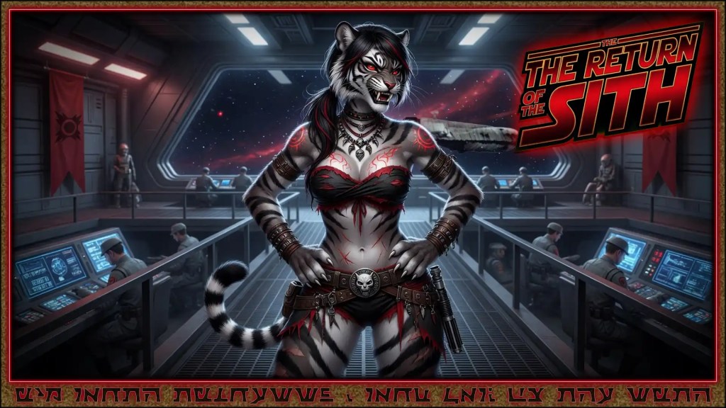 A close-up of an anthropomorphic tiger Sith warrior with glowing red eyes holding a red lightsaber, flanked by armored soldiers amid smoke, sparks, and explosions. Keywords anthropomorphic tiger, Sith warrior, red lightsaber, armored soldiers, smoke, explosions, sparks, sci-fi battle, glowing red eyes, fantasy poster, The Return of the Sith