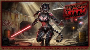 A fierce anthropomorphic tiger warrior with glowing red eyes charges forward holding a red lightsaber in a smoky sci-fi hangar, with a spaceship and “The Return of the Sith” title text in the background. Keywords anthropomorphic tiger, Sith warrior, red lightsaber, sci-fi hangar, spaceship, smoke, action scene, fantasy art, dark side, The Return of the Sith