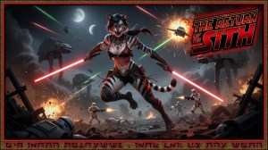 An anthropomorphic tiger warrior leaps across a chaotic sci-fi battlefield holding two red lightsabers, surrounded by explosions, laser fire, soldiers, walkers, and moons in the sky. Keywords anthropomorphic tiger, dual lightsabers, Sith, sci-fi battlefield, explosions, laser fire, soldiers, walkers, moons, action fantasy, The Return of the Sith