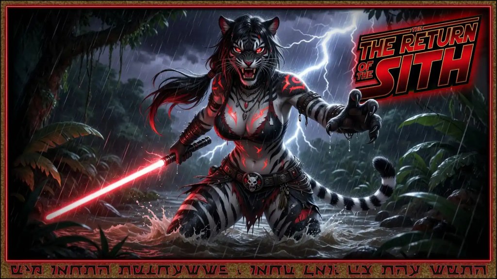 A close-up of an anthropomorphic tiger Sith warrior with glowing red eyes holding a red lightsaber, flanked by armored soldiers amid smoke, sparks, and explosions. Keywords anthropomorphic tiger, Sith warrior, red lightsaber, armored soldiers, smoke, explosions, sparks, sci-fi battle, glowing red eyes, fantasy poster, The Return of the Sith
