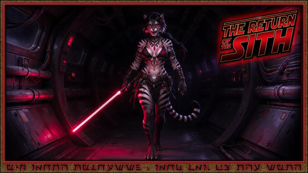 An anthropomorphic tiger warrior walks through a dark futuristic corridor holding a red lightsaber, illuminated by red light and surrounded by pipes and machinery. Keywords anthropomorphic tiger, Sith, red lightsaber, sci-fi corridor, red lighting, spaceship hallway, dark interior, futuristic machinery, fantasy character, The Return of the Sith