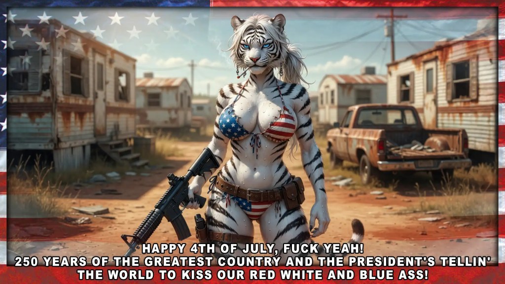 A stylized anthropomorphic white tiger woman in an American flag bikini holds a rifle in a trailer park, with a faded U.S. flag overlay and a bold caption celebrating the 4th of July with patriotic and profane language.
Keywords
anthropomorphic tiger, white tiger, American flag, Fourth of July, rifle, gun, trailer park, pickup truck, patriotic imagery, bikini, AI-generated art, captioned image, profanity, gun rights, U.S. flag
