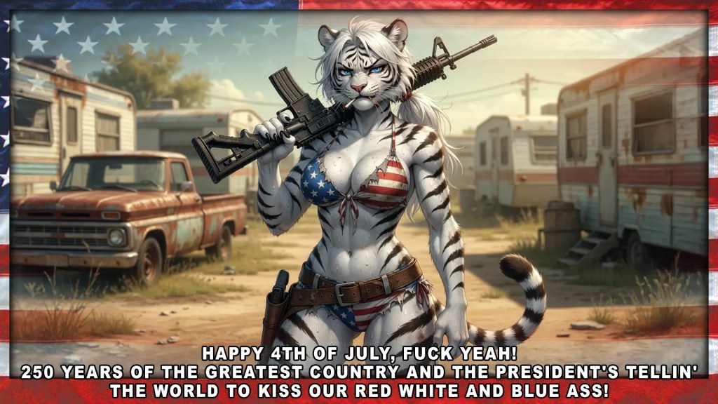 A stylized anthropomorphic white tiger woman in an American flag bikini holds a rifle in a trailer park, with a faded U.S. flag overlay and a bold caption celebrating the 4th of July with patriotic and profane language.
Keywords
anthropomorphic tiger, white tiger, American flag, Fourth of July, rifle, gun, trailer park, pickup truck, patriotic imagery, bikini, AI-generated art, captioned image, profanity, gun rights, U.S. flag