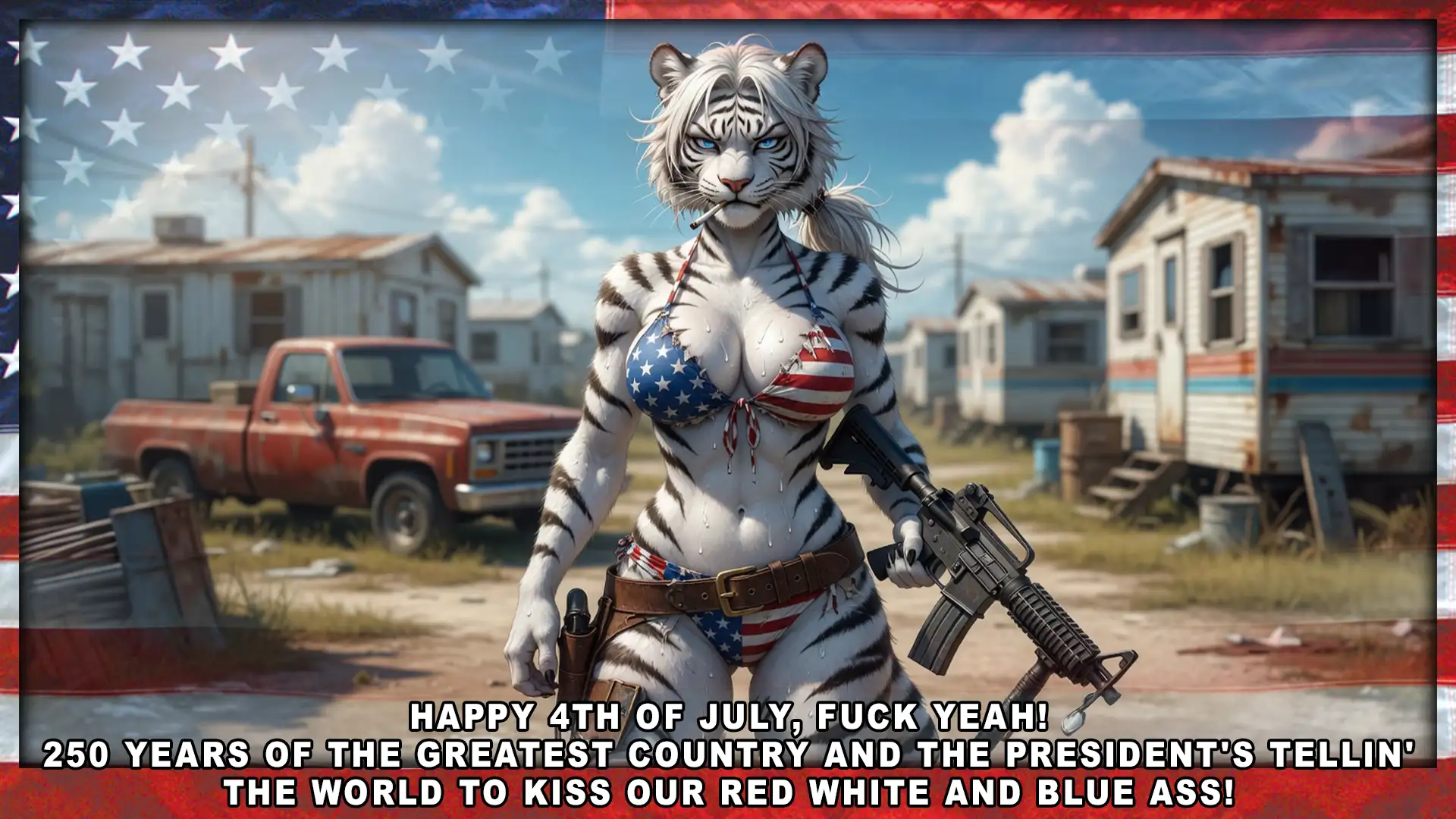 A stylized anthropomorphic white tiger woman in an American flag bikini holds a rifle in a trailer park, with a faded U.S. flag overlay and a bold caption celebrating the 4th of July with patriotic and profane language. Keywords anthropomorphic tiger, white tiger, American flag, Fourth of July, rifle, gun, trailer park, pickup truck, patriotic imagery, bikini, AI-generated art, captioned image, profanity, gun rights, U.S. flag