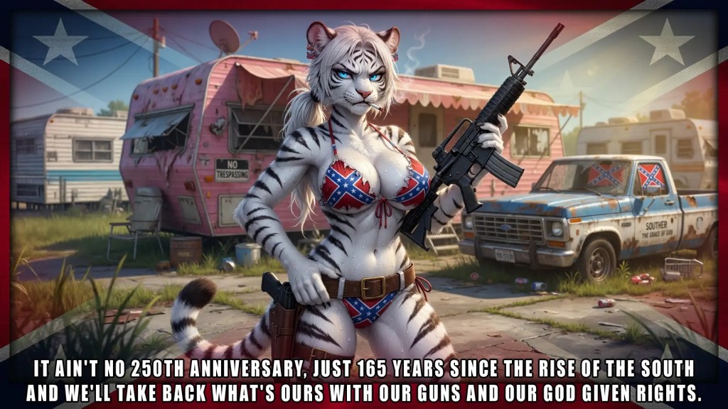 Alternative Text
A stylized anthropomorphic white tiger woman in a Confederate flag bikini holds a rifle in a trailer park decorated with Confederate flags, with a bold caption referencing the “Rise of the South” and taking back rights with guns.

Keywords
anthropomorphic tiger, white tiger, Confederate flag, rifle, gun, trailer park, pickup truck, political imagery, Southern symbolism, bikini, AI-generated art, provocative illustration, extremist symbolism, captioned image, militia theme