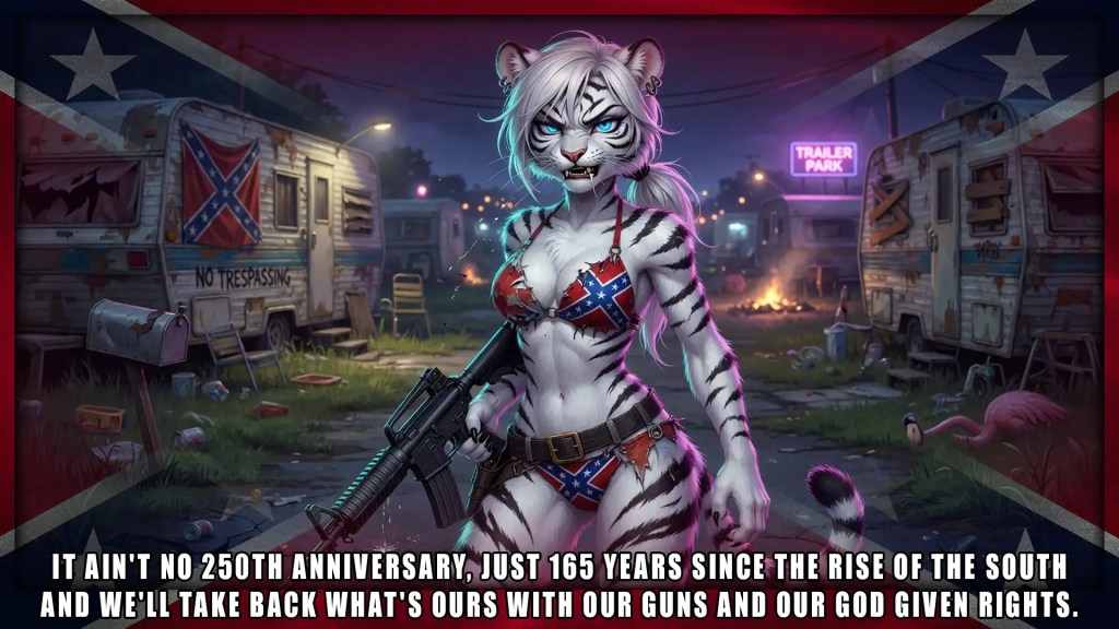 Alternative Text
A stylized anthropomorphic white tiger woman in a Confederate flag bikini holds a rifle in a trailer park decorated with Confederate flags, with a bold caption referencing the “Rise of the South” and taking back rights with guns.

Keywords
anthropomorphic tiger, white tiger, Confederate flag, rifle, gun, trailer park, pickup truck, political imagery, Southern symbolism, bikini, AI-generated art, provocative illustration, extremist symbolism, captioned image, militia theme
