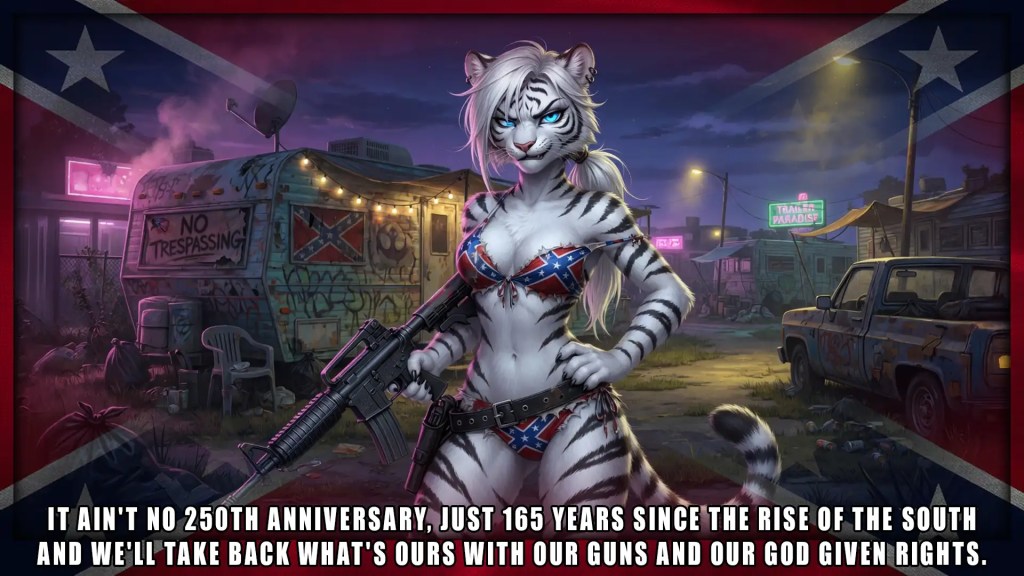Alternative Text
A stylized anthropomorphic white tiger woman in a Confederate flag bikini holds a rifle in a trailer park decorated with Confederate flags, with a bold caption referencing the “Rise of the South” and taking back rights with guns.

Keywords
anthropomorphic tiger, white tiger, Confederate flag, rifle, gun, trailer park, pickup truck, political imagery, Southern symbolism, bikini, AI-generated art, provocative illustration, extremist symbolism, captioned image, militia theme