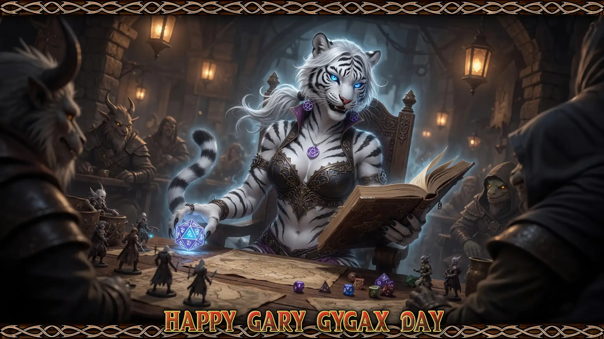 antasy illustration of a blue-eyed, anthropomorphic white tiger woman leading a tabletop role-playing game with an open rulebook, glowing dice, miniature figures, and armored creatures gathered around a map-covered table. The image reads “Happy Gary Gygax Day.” Keywords Gary Gygax Day, tabletop role-playing game, fantasy, dungeon master, white tiger, anthropomorphic character, dice, D20, miniatures, game board, rulebook, medieval tavern, armored creatures, magic, digital art, RPG celebration