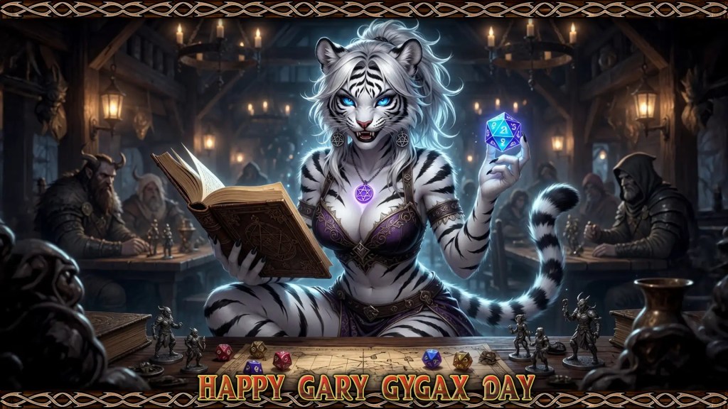 antasy illustration of a blue-eyed, anthropomorphic white tiger woman leading a tabletop role-playing game with an open rulebook, glowing dice, miniature figures, and armored creatures gathered around a map-covered table. The image reads “Happy Gary Gygax Day.” Keywords Gary Gygax Day, tabletop role-playing game, fantasy, dungeon master, white tiger, anthropomorphic character, dice, D20, miniatures, game board, rulebook, medieval tavern, armored creatures, magic, digital art, RPG celebration