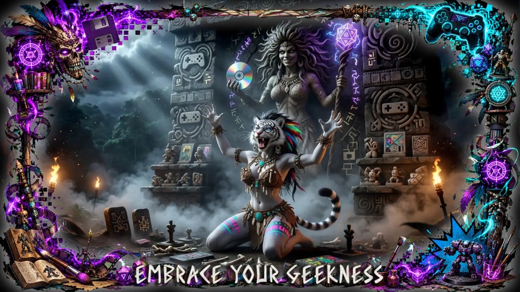 Fantasy artwork of an anthropomorphic white tiger woman holding a glowing twenty-sided die and a compact disc before a carved stone shrine filled with gaming and retro-computing symbols. Purple and cyan magical decorations frame the torch-lit jungle scene, with the words “Embrace Your Geekness” across the bottom.
Keywords
anthropomorphic white tiger, fantasy art, female tiger warrior, twenty-sided die, compact disc, gaming culture, retro technology, stone shrine, neon magic, purple and cyan, jungle, torches, geek culture, Embrace Your Geekness